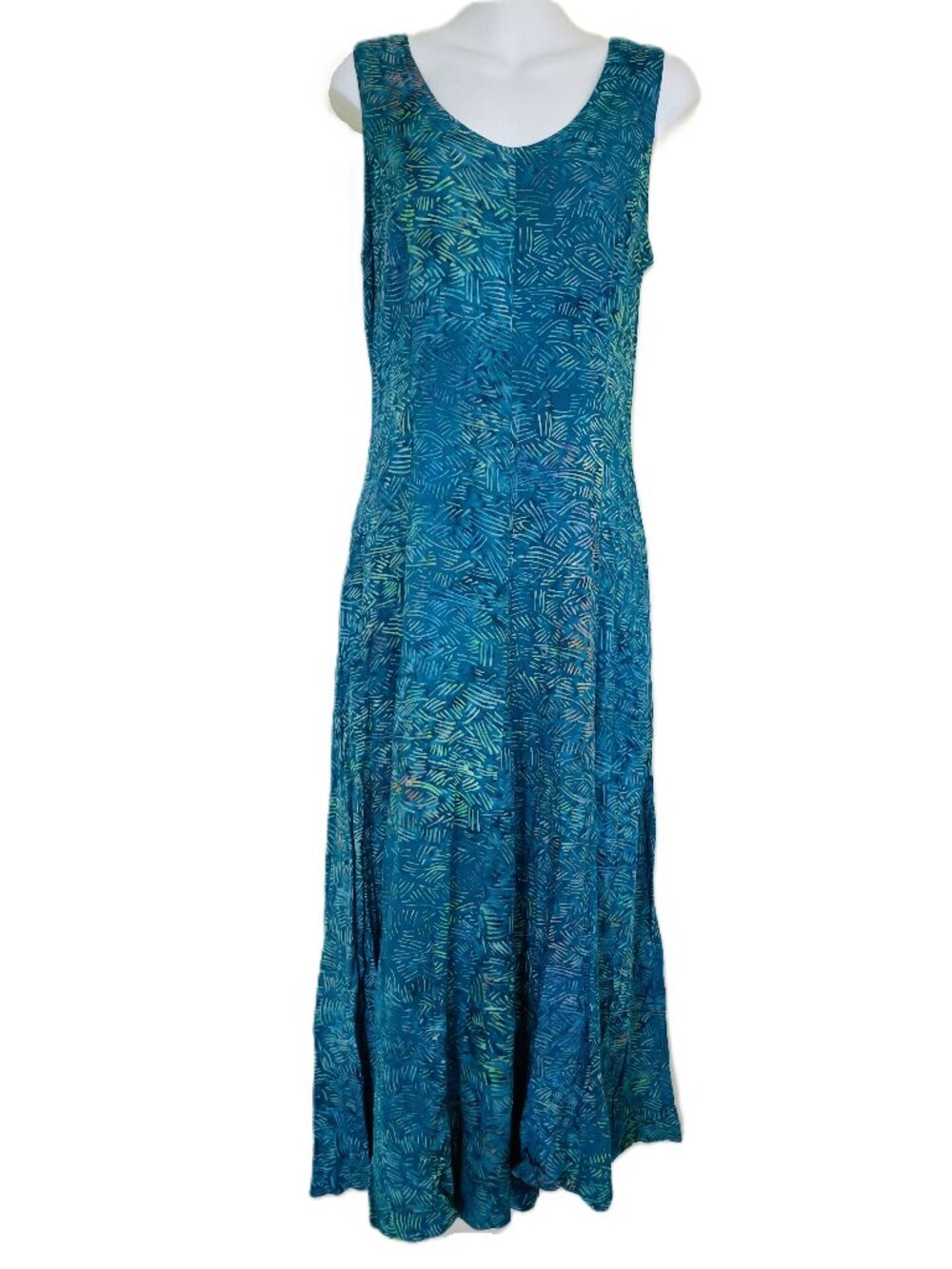 Papa Sleeveless Maxi Dress Teal Brushstroke Print Rayon Vintage 90s